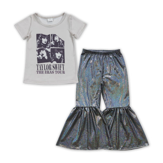 GSPO1482 Singer Swiftie Top Black Disco Bell Pants Girls Clothes Set
