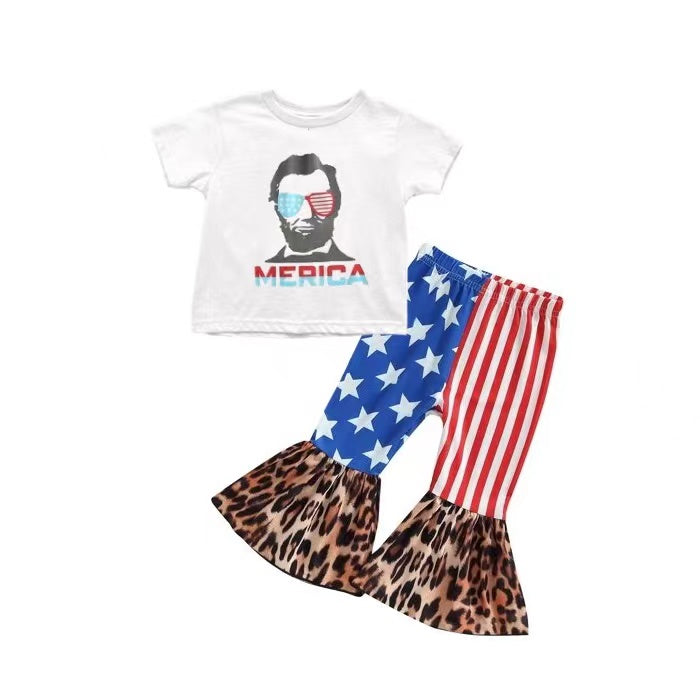 (Pre-order)GSPO1490 Merica Top Stars Stripes Leopard Bell Pants Girls 4th of July Clothes Set