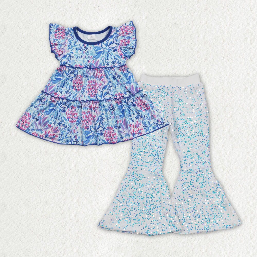 GSPO1499 Blue Flowers Top White Sequin Bell Pants Girls Clothes Sets