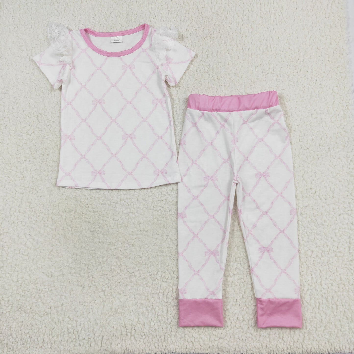 GSPO1517 Pink Bows Print Girls Pajamas Bamboo Clothes Set