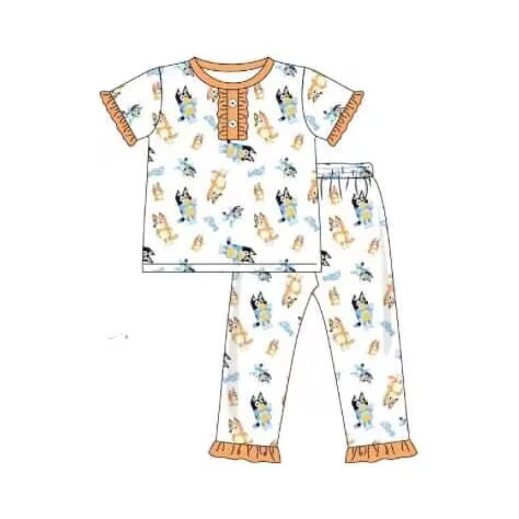 (Pre-order)GSPO1523 Orange Cartoon Dog Print Girls Pajamas Clothes Set