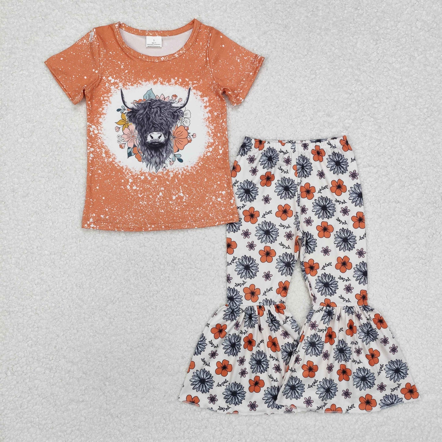 8 Colors Highland Cow Western Print Bell Pants Girls Clothes Set