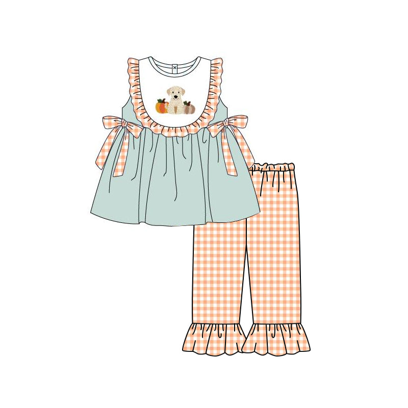 (Custom Design Preorder MOQ 5) Dog Pumpkin Tunic Top Plaid Pants Girls Fall Clothes Set