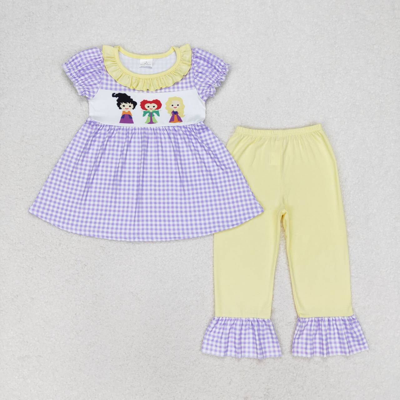 GSPO1535 Cartoon Witch Purple Plaid Tunic Top Ruffle Pants Girls Halloween Clothes Set