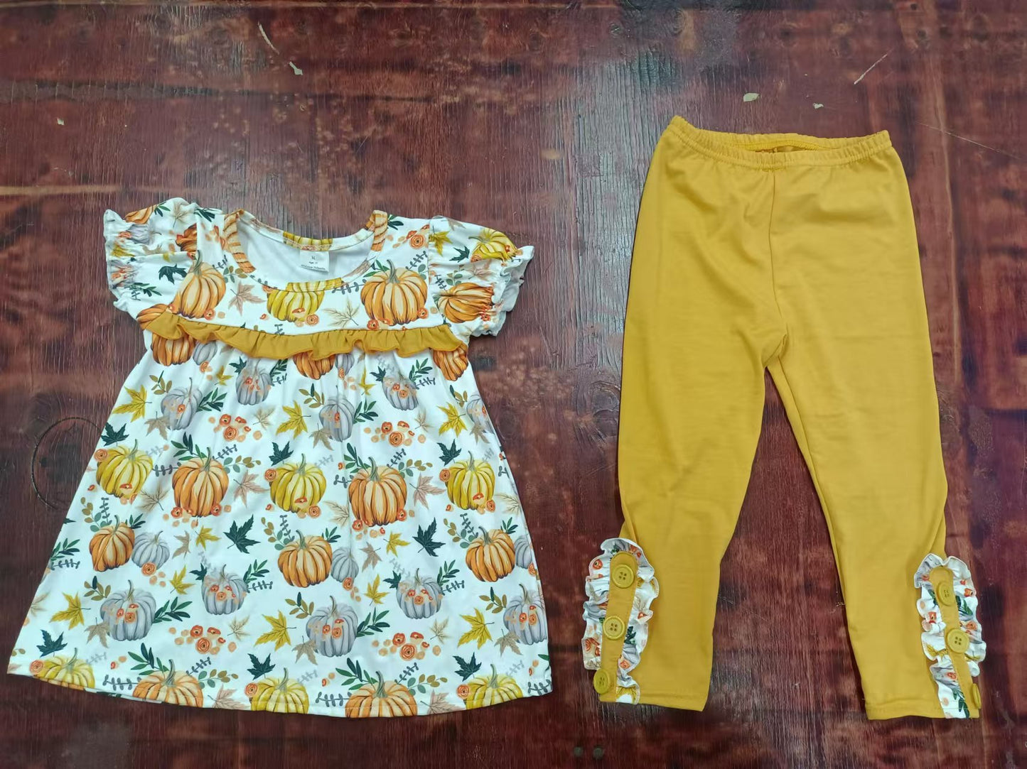 (Custom Design Preorder MOQ 5) Flowers Pumpkin Top Yellow Pants Girls Fall Clothes Set