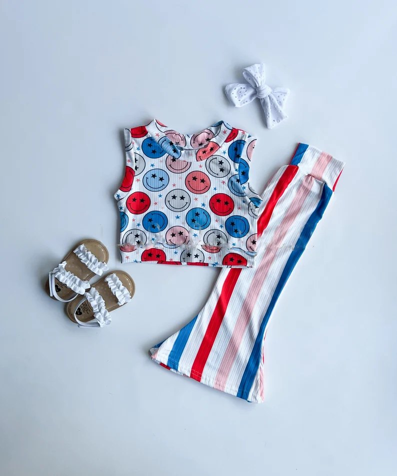 (Pre-order)GSPO1561 Smiling Face Stars Top Stripes Bell Pants Girls 4th of July Clothes Set