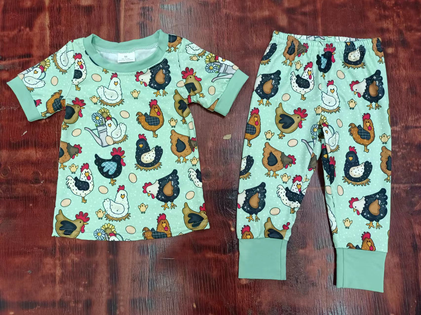 (Custom Design Preorder MOQ 5) Chicken Flowers Print Girls Pajamas Clothes Set