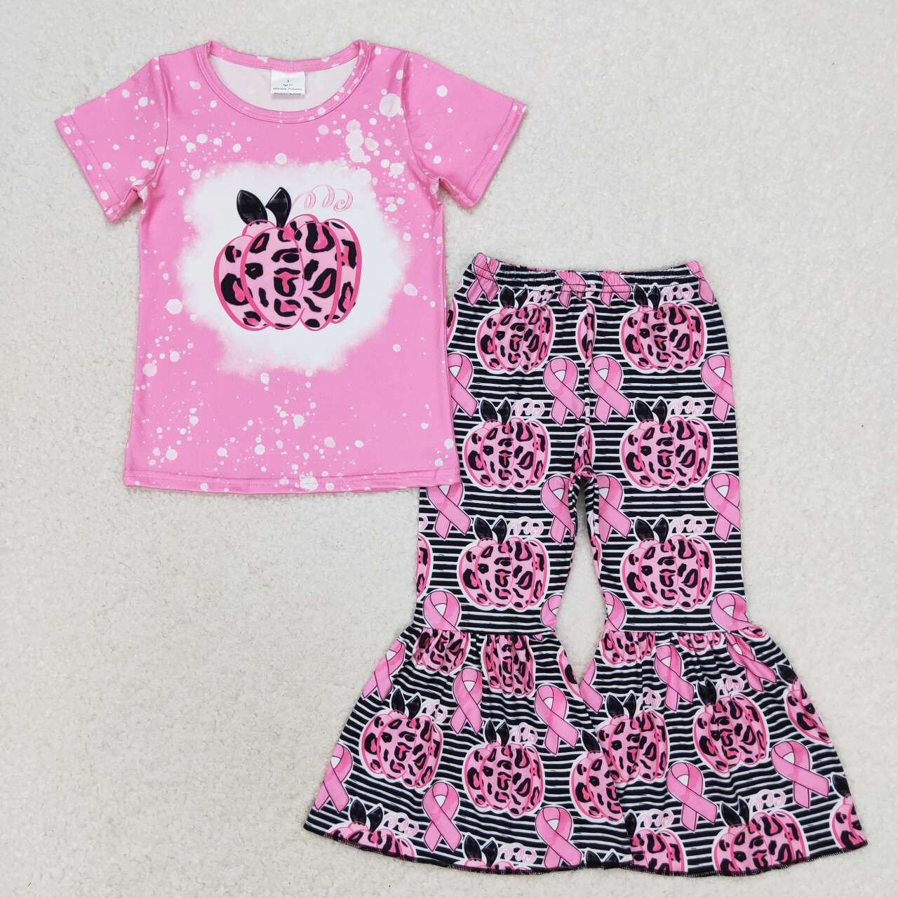 GSPO1592 Pink Leopard Pumpkin Print Bell Pants Girls Fall Clothes Set