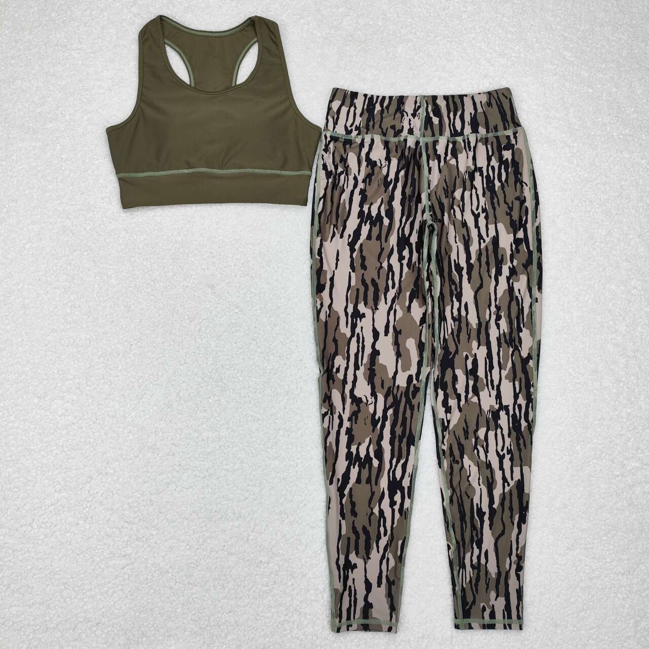 GSPO1666 Adult Dark Green Camo Print Woman Yoga Clothes Set