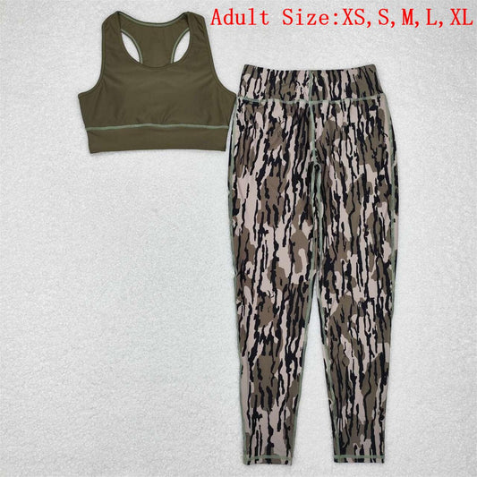 GSPO1666 Adult Dark Green Camo Print Woman Yoga Clothes Set