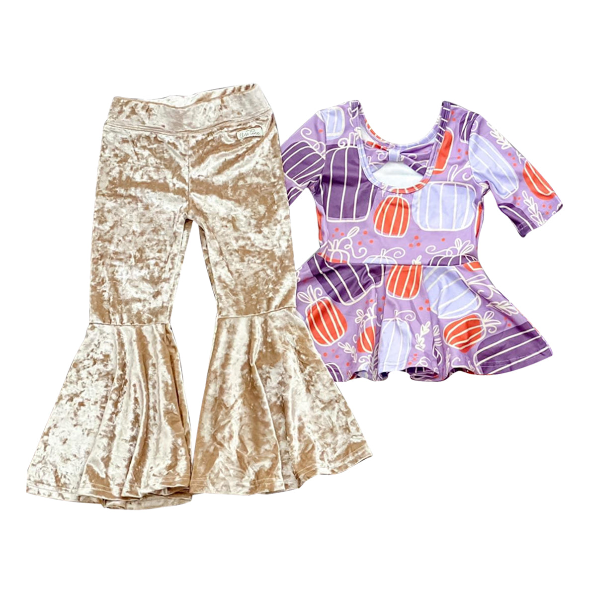 (Pre-order)GSPO1672 Pumpkin Top Golden Velvet Bell Pants Girls Fall Clothes Set