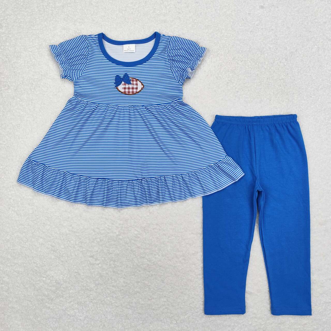 GSPO1677 Football Embroidery Stripes Tunic Top Blue Pants Girls Clothes Set