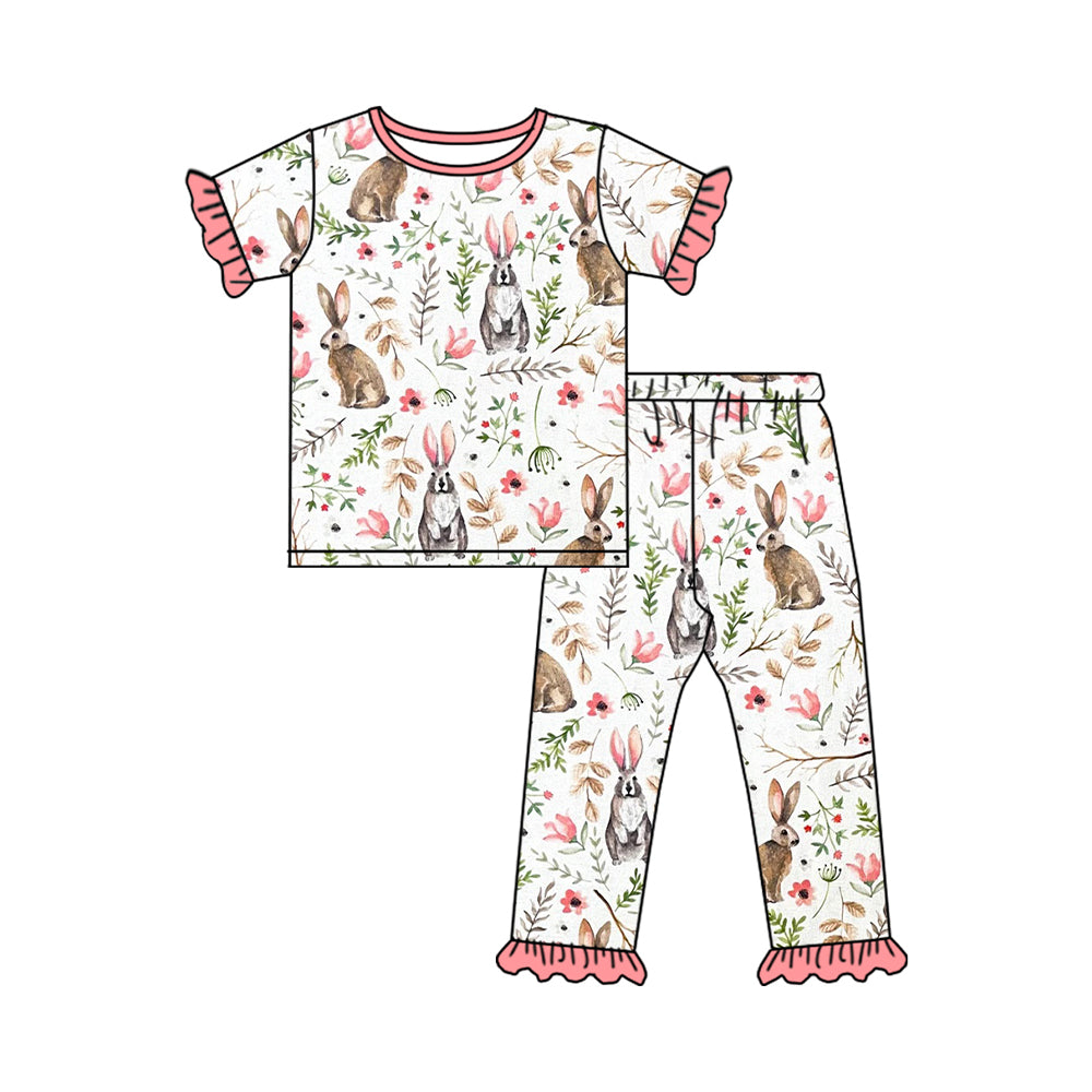 (Pre-order)GSPO1727 Bunny Flowers Print Girls Easter Pajamas Clothes Set
