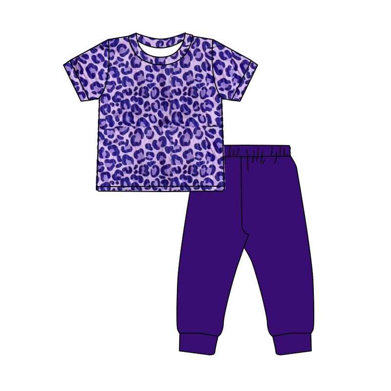 (Pre-order)GSPO1746 Purple Leopard Print Girls Pajamas Clothes Set