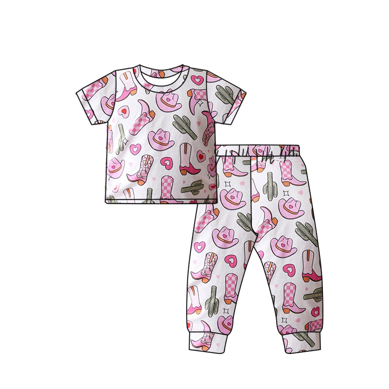 (Pre-order)GSPO1755 Boots Hat Heart Cactus Print Girls Valentine's Day Pajamas Clothes Set
