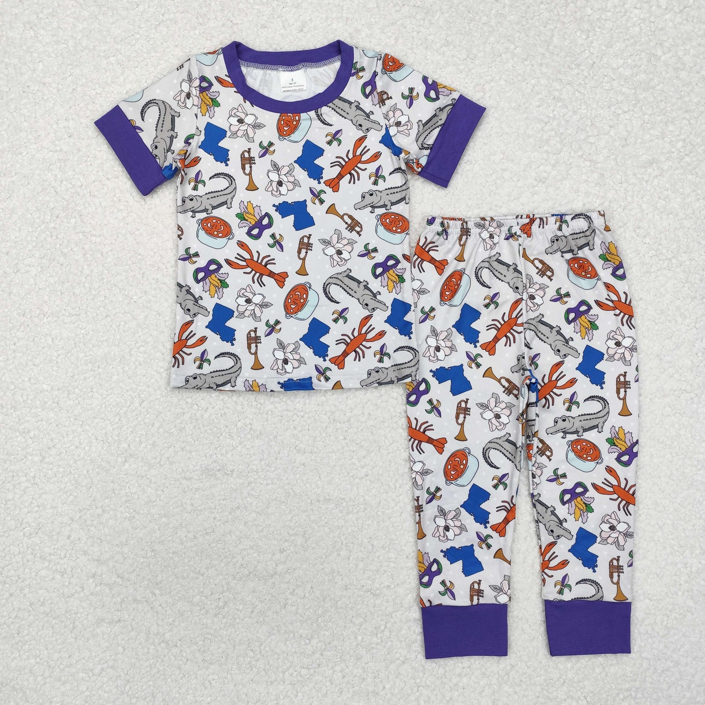 GSPO1758 Mask Crayfish Crocodile Print Girls Mardi Gras Pajamas Clothes Set