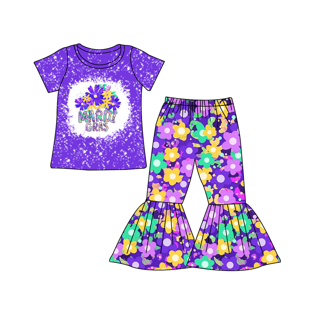 (Pre-order)GSPO1765 Purple Flowers Print Bell Pants Girls Mardi Gras Clothes Set