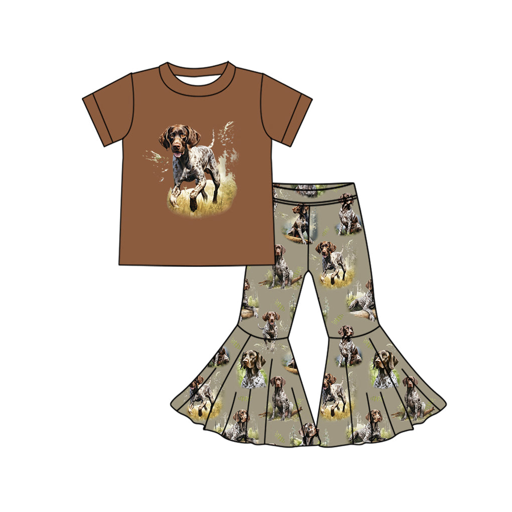 (Pre-order)GSPO1774 Dog Brown Hunting Print Bell Pants Girls Clothes Set