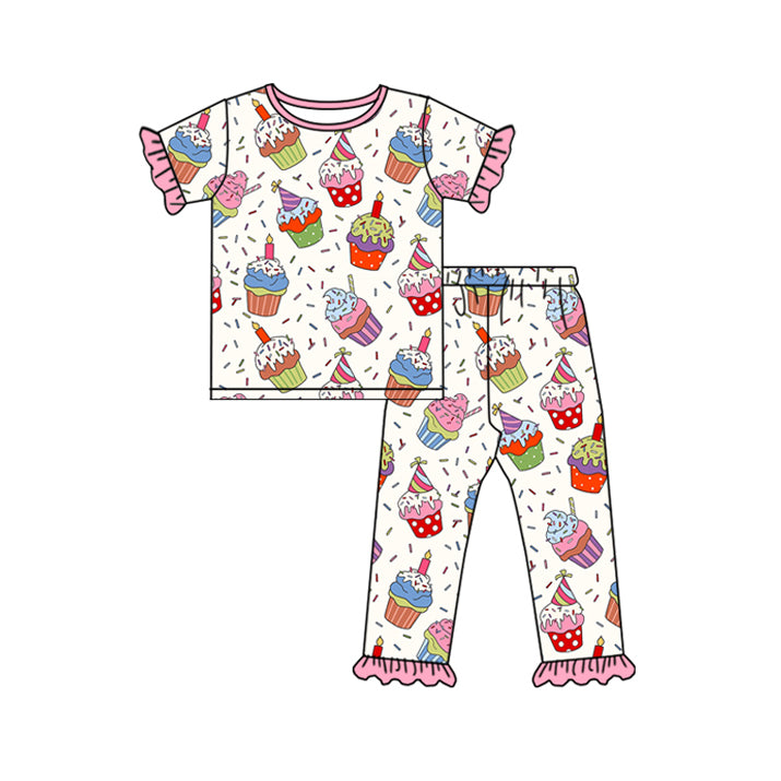 (Pre-order)GSPO1775 Cake Print Girls Happy Birthday Pajamas Clothes Set