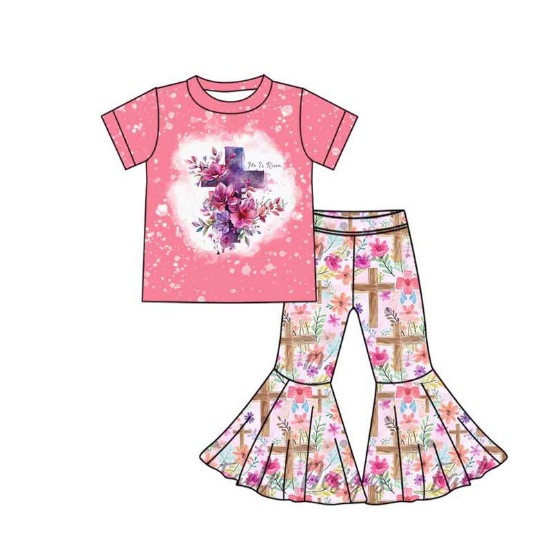 (Pre-order)GSPO1783` Flowers Cross Print Bell Pants Girls Easter Clothes Set