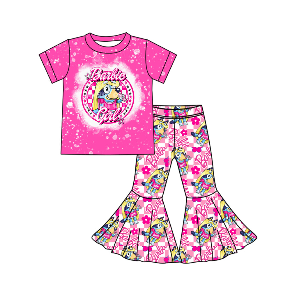 (Pre-order)GSPO1787 Cartoon Dog Pink BA Top Bell Pants Girls Clothes Set