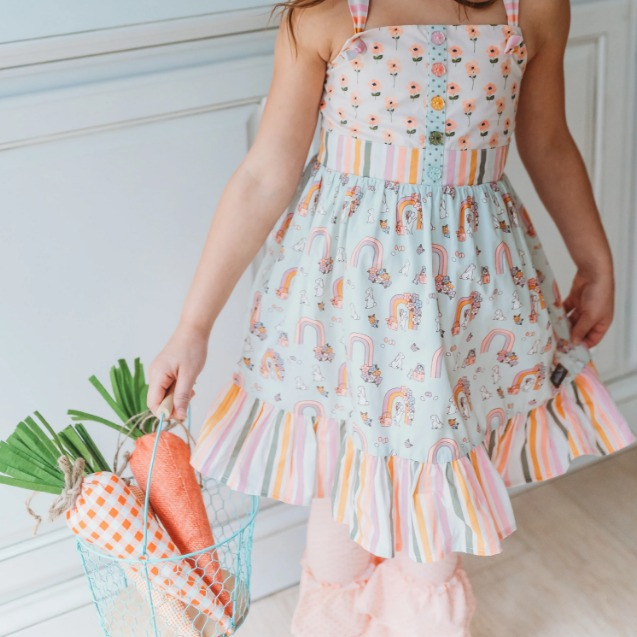 (Pre-order)GSPO1800 Bunny Flowers Tunic Top Pink Pants Girls Easter Clothes Set