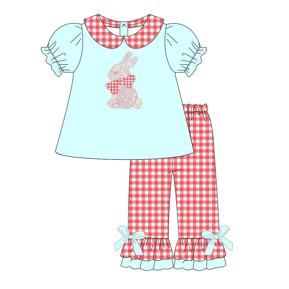 (Pre-order)GSPO1820 Bunny Blue Top Red Plaid Pants Girls Easter Clothes Set