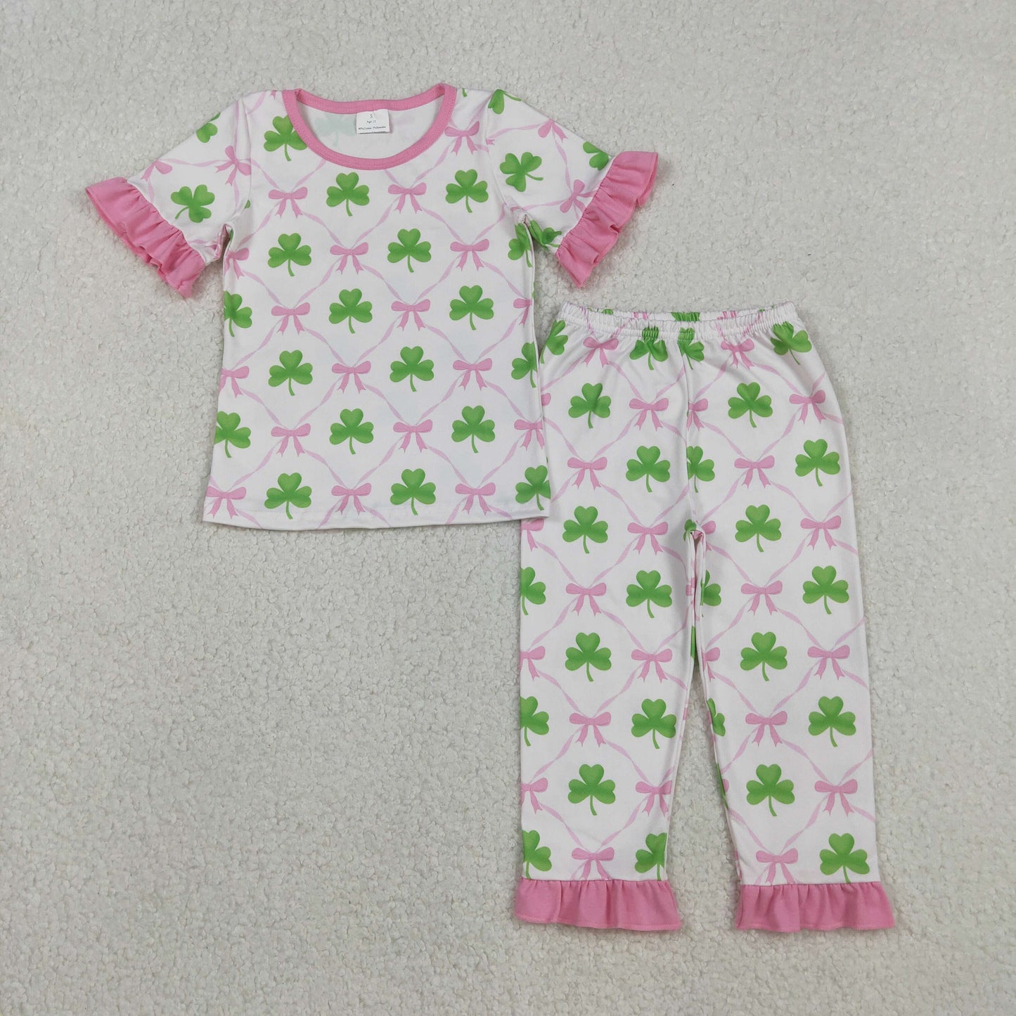 GSPO1838 Leaf Pink Bows Print Girls St. Patrick's Day Pajamas Clothes Set