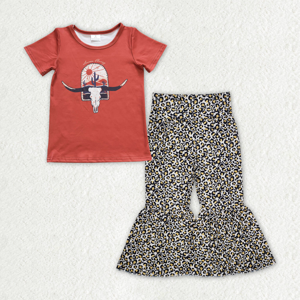 GSPO1841 Cow Skull Top Leopard Bell Pants Girls Western Clothes Set