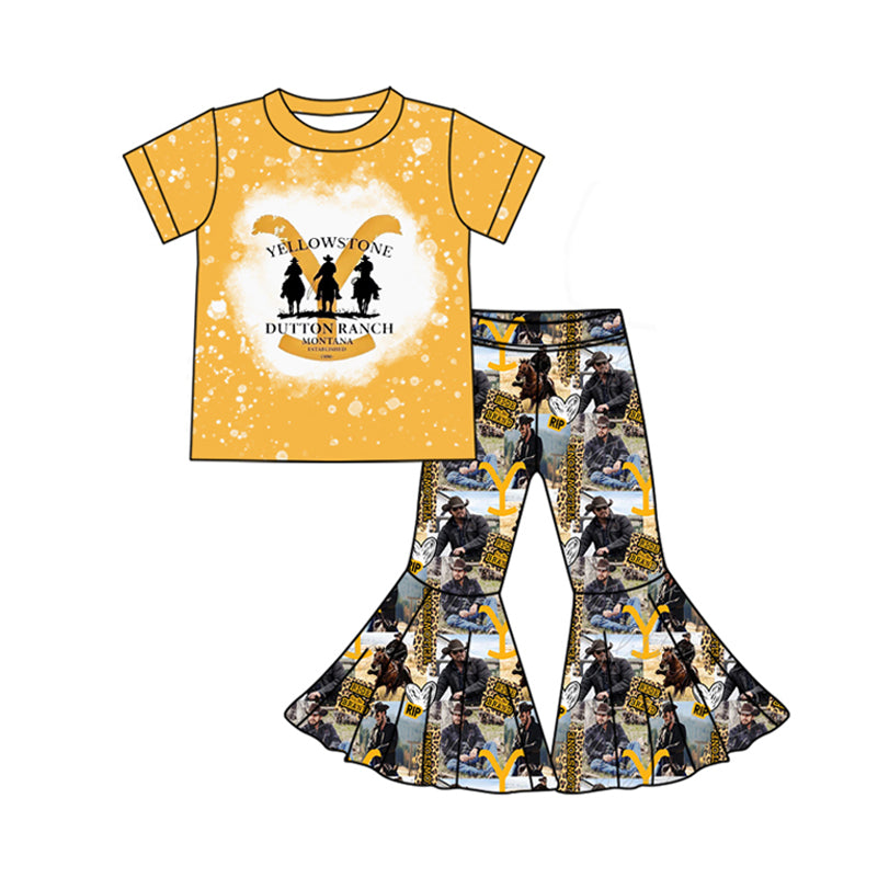 (Pre-order)GSPO1849 Yellowsto* Leopard Western Print Bell Pants Girls Clothes Set
