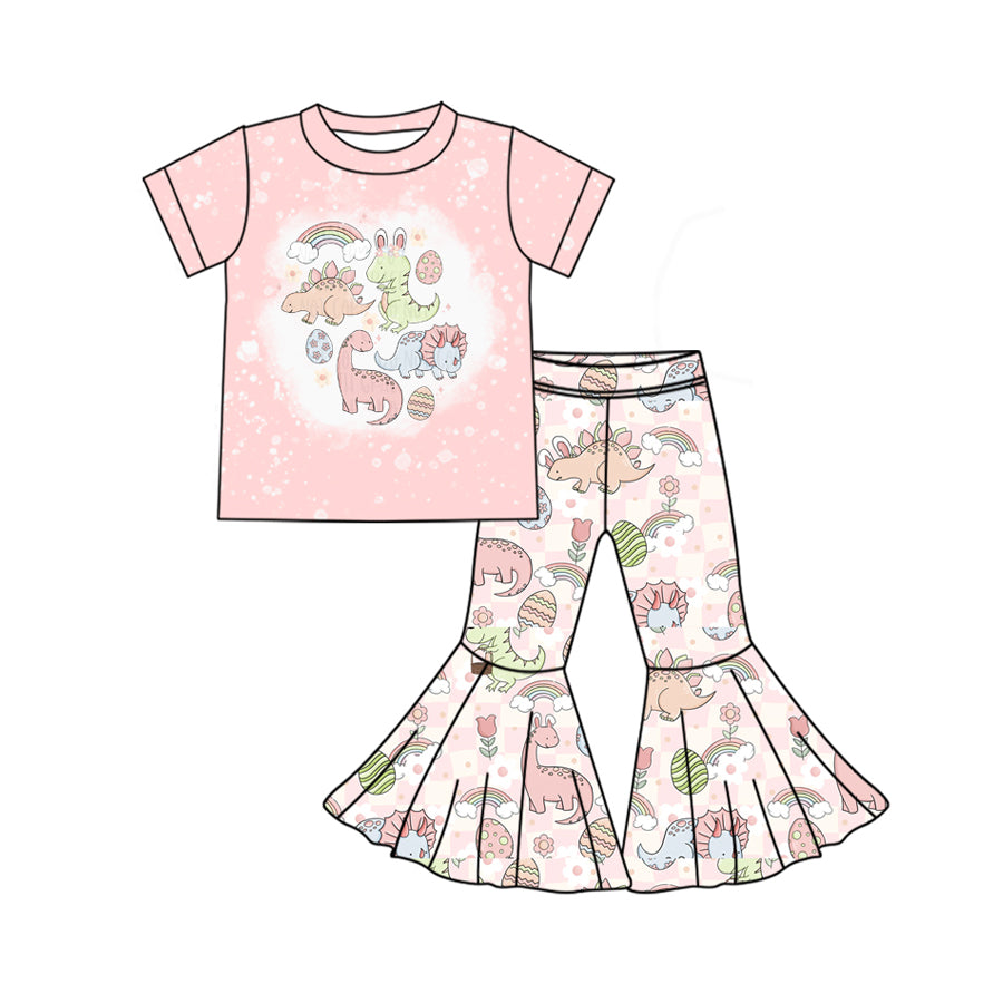 (Pre-order)GSPO1856 Dino Eggs Flowers Print Bell Pants Girls Easter Clothes Set