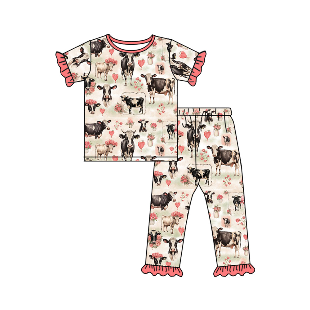 (Pre-order)GSPO1858 Cows Heart Flowers Print Girls Valentine's Day Pajamas Clothes Set