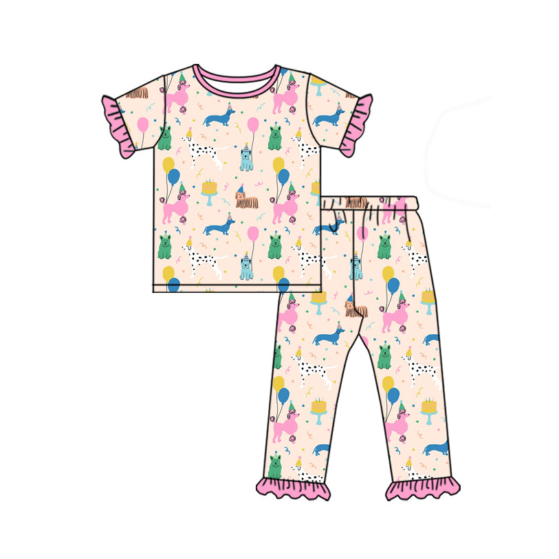(Pre-order)GSPO1867 Happy Birthday Dog Pink Print Girls Pajamas Clothes Set