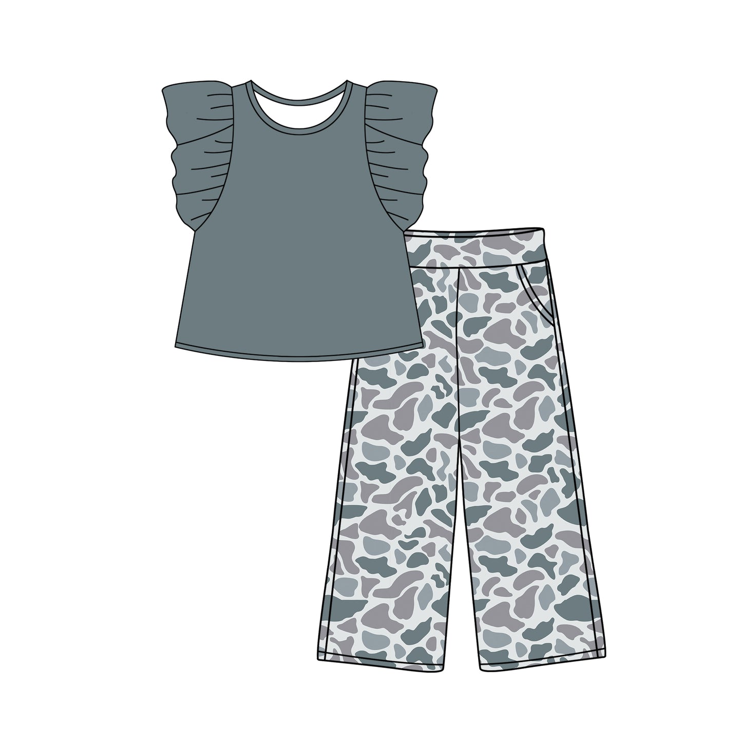 (Pre-order)GSPO1873 Flutter Sleeve Top Grey Camo Pants Girls Clothes Set