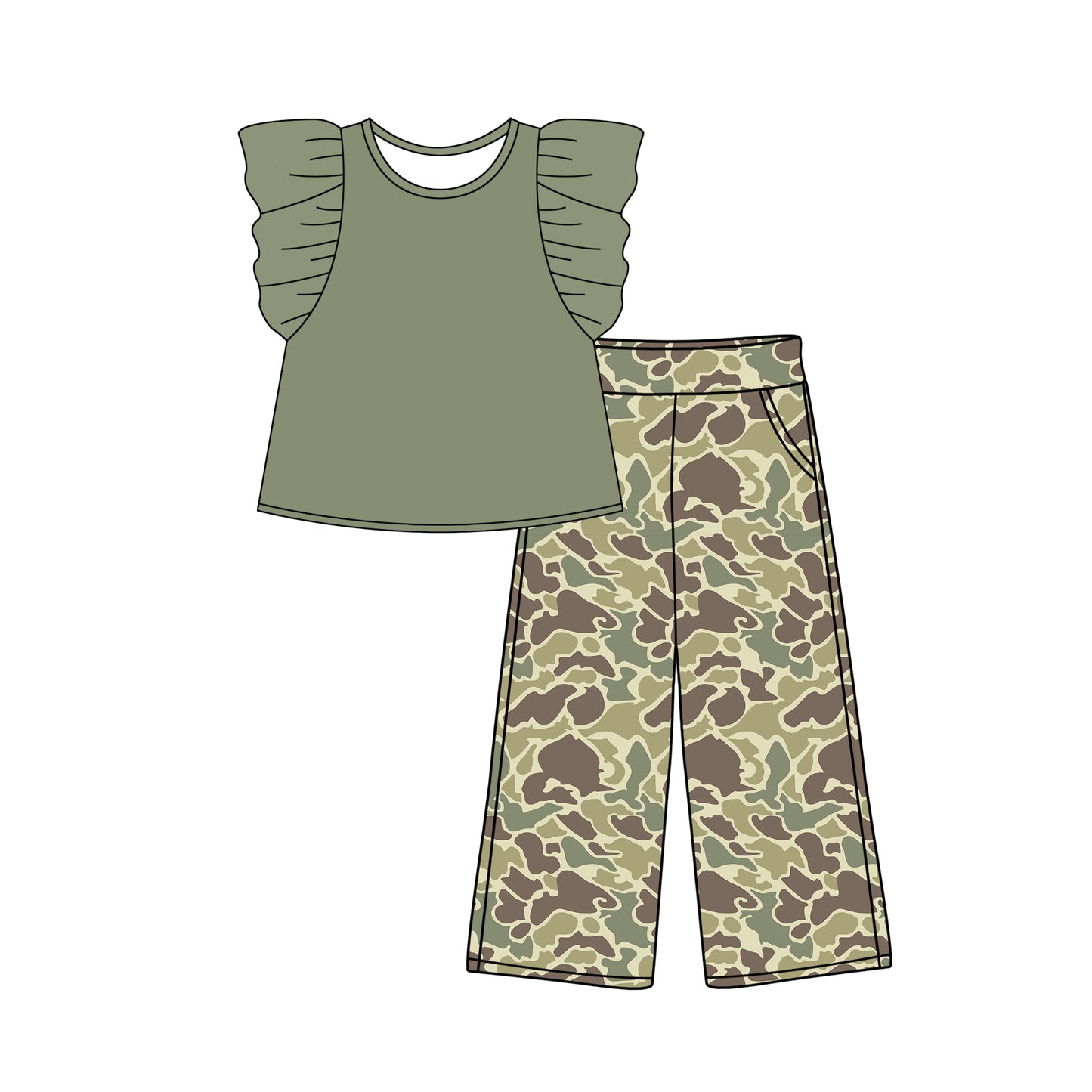 (Pre-order)GSPO1875 Flutter Sleeve Top Green Camo Pants Girls Clothes Set