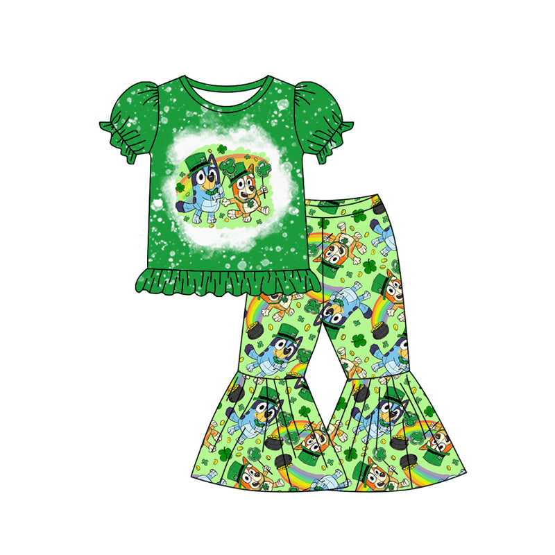 (Pre-order)GSPO1877 Cartoon Dog Rainbow Leaf Print Bell Pants Girls St. Patrick's Day Clothes Set