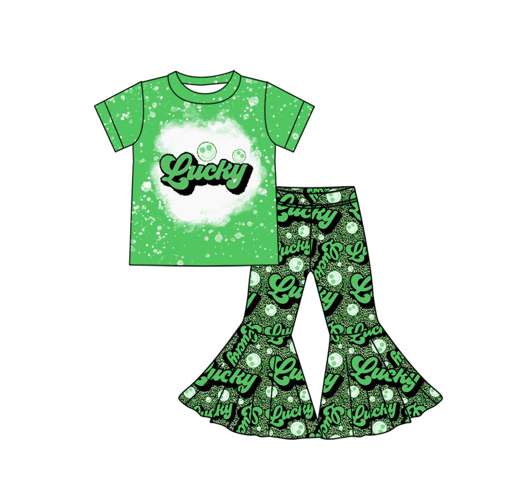 (Pre-order)GSPO1924 Lucky Top Smiling Face Leopard Bell Pants Girls St. Patrick's Day Clothes Set