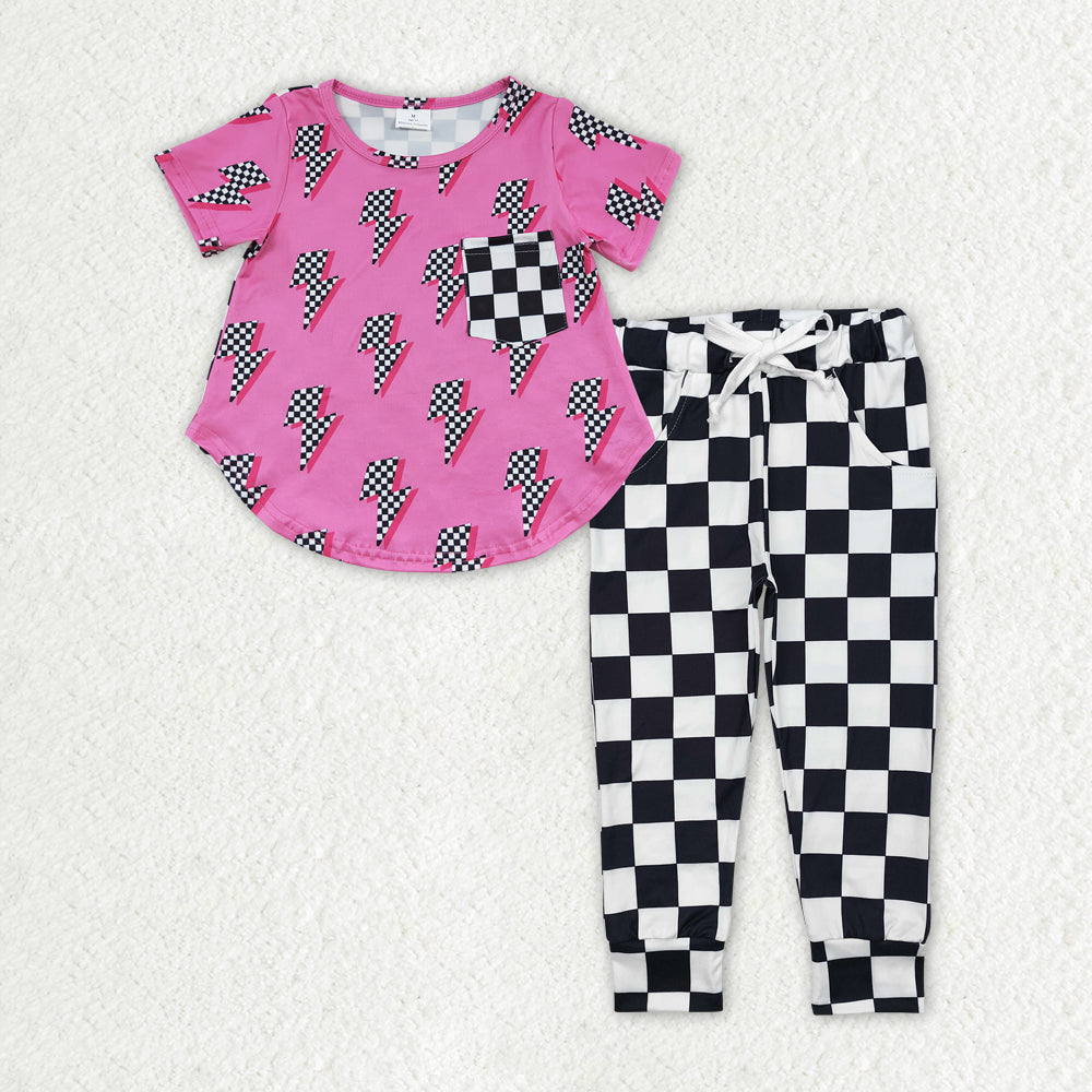 GSPO1946 Flash Pocket Pink Top Black Plaid Pants Girls Clothes Set