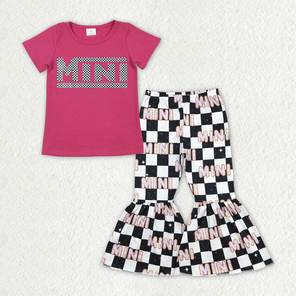 GSPO1947  Hot Pink MINI Vinyl Top Plaid Bell Pants Girls Clothes Set