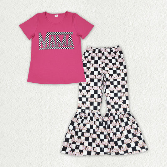 GSPO1948 Adult Hot Pink MAMA Vinyl Top Plaid Pants Woman Clothes Set