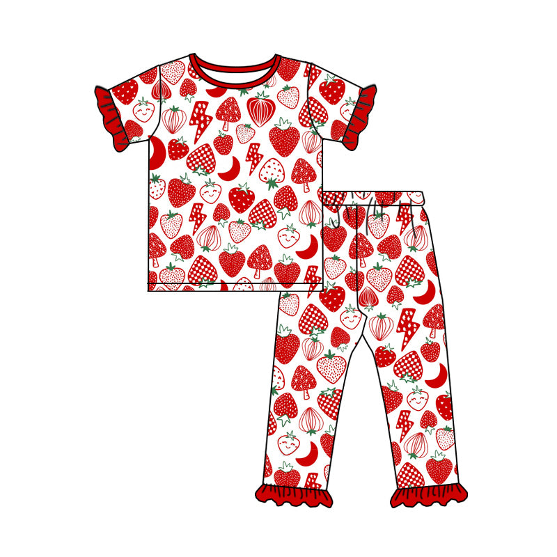 (Pre-order)GSPO1955 Strawberry Red Print Girls Pajamas Clothes Set