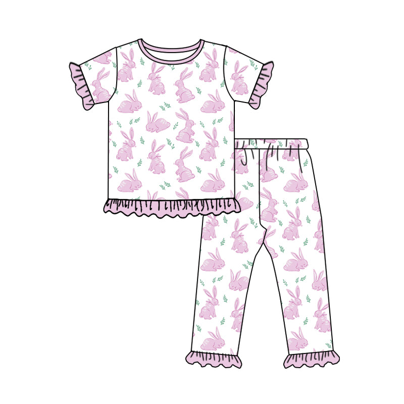 (Pre-order)GSPO1958 Pink Bunny Print Girls Easter Pajamas Clothes Set