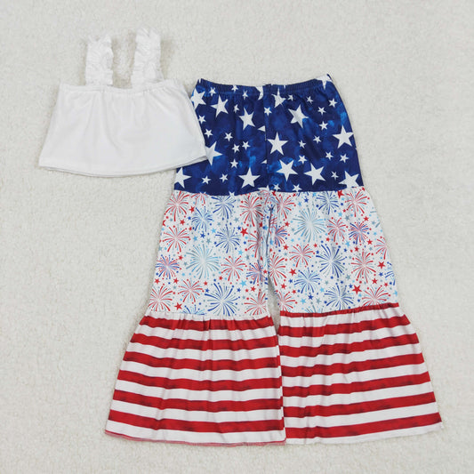 GSPO1959 White Crop Top Stars Bell Pants Girls 4th of July Clothes Set