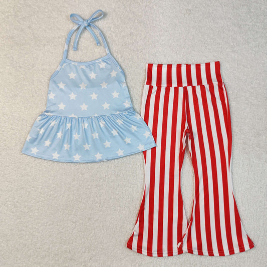 GSPO1974 Stars Blue Halter Top Stripes Bell Pants Girls 4th of July Clothes Set