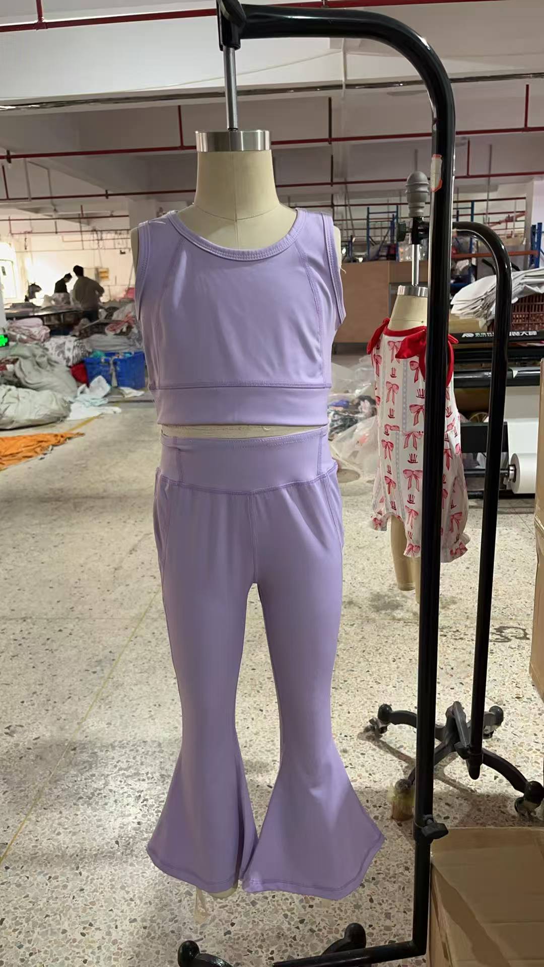 GSPO2006 Purple Color Crop Top Bell Pants Girls Summer Yoga Clothes Set