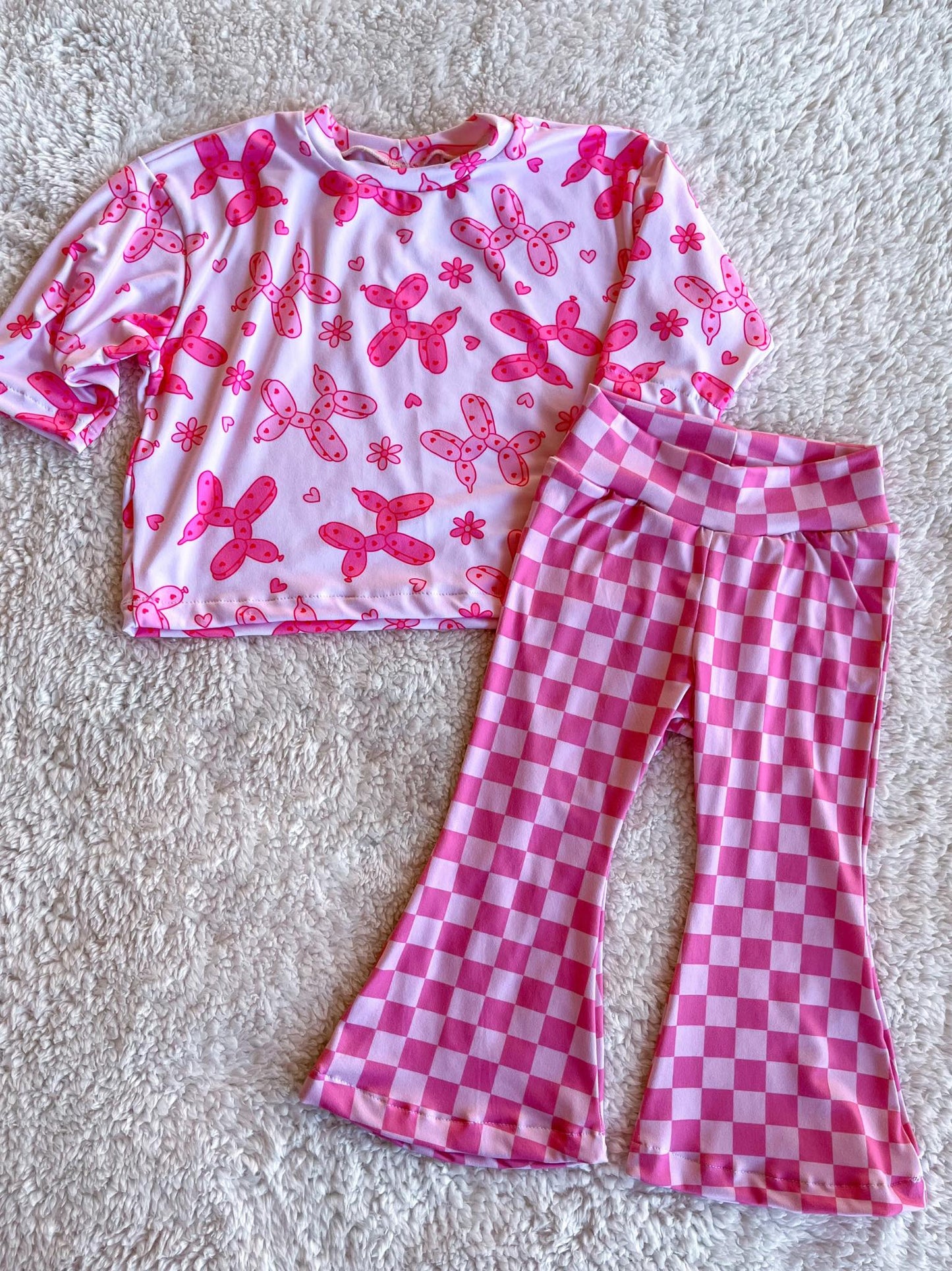 (Pre-order)GSPO2010 Dog Balloon Flowers Top Hot Pink Plaid Bell Pants Girls Clothes Set