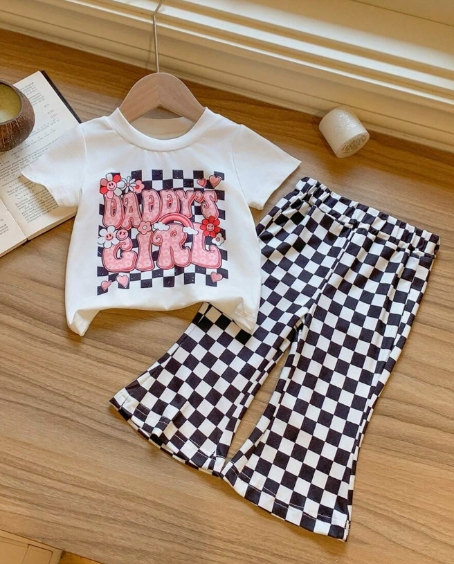 (Pre-order)GSPO2011 Daddy's Girl Top Black Plaid Bell Pants Girls Clothes Set