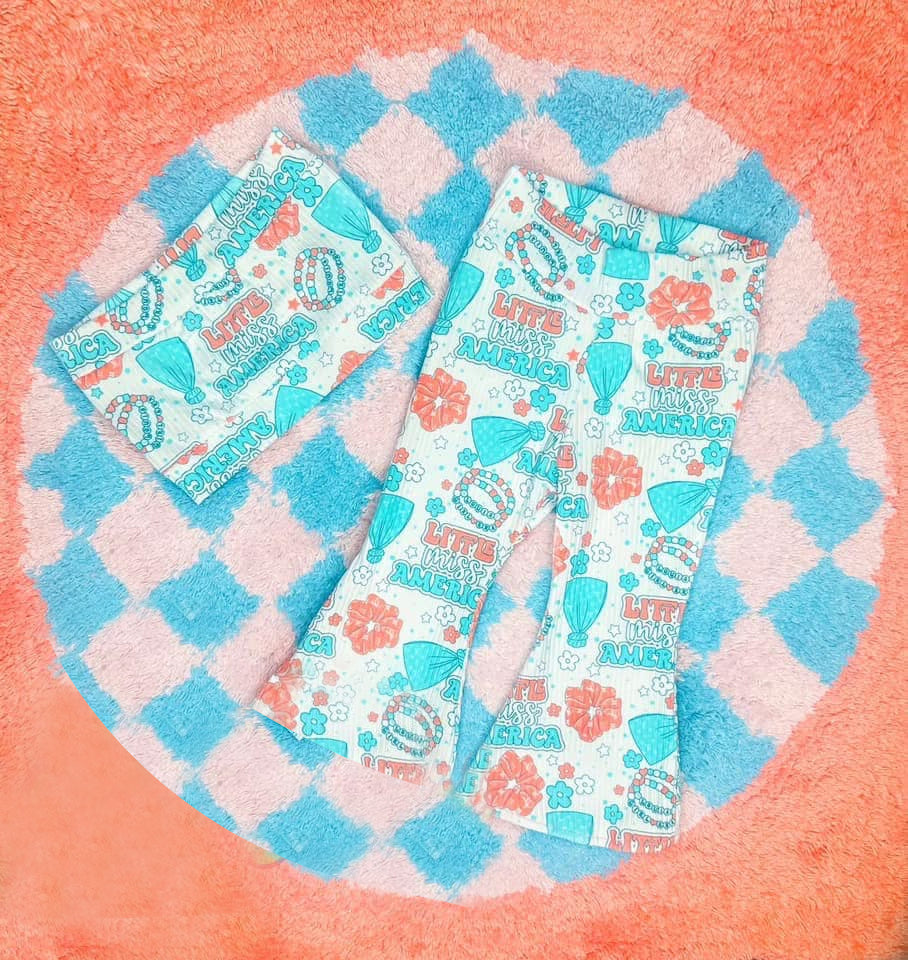 (Pre-order)GSPO2012 Crop Top Little Miss America Flowers Bell Pants Girls Clothes Set