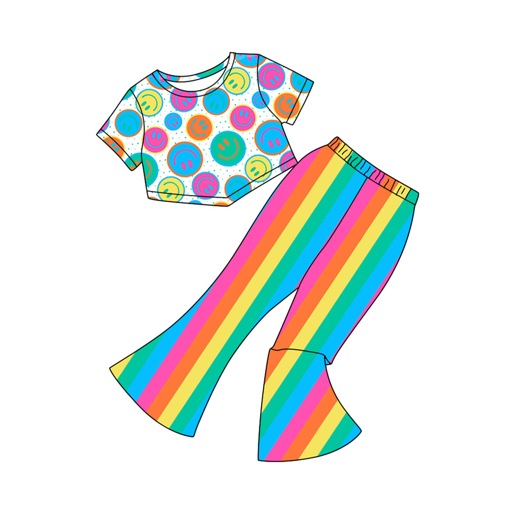 (Pre-order)GSPO2016 Colorful Smiling Face Top Stripes Bell Pants Girls Clothes Set
