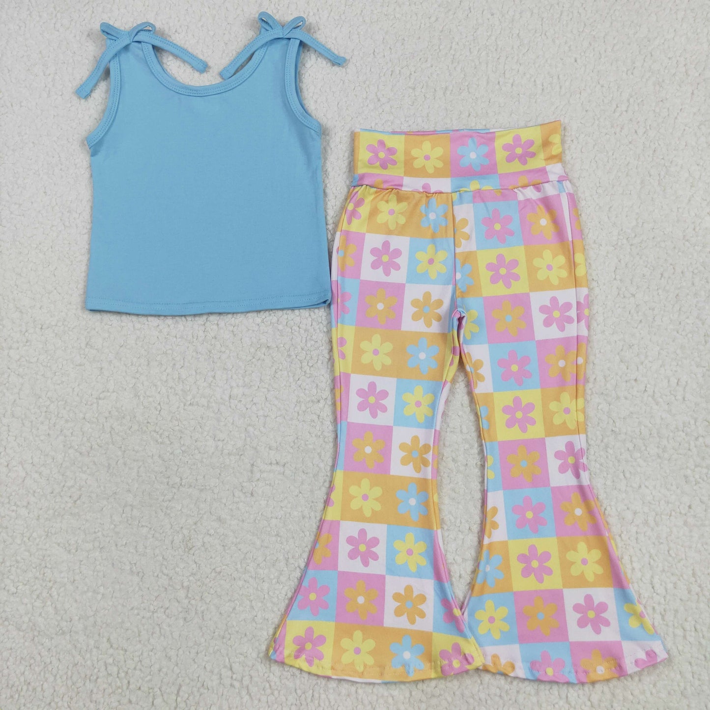 GSPO2017 Blue Top Flowers Colorful Plaid Bell Pants Girls Clothes Set